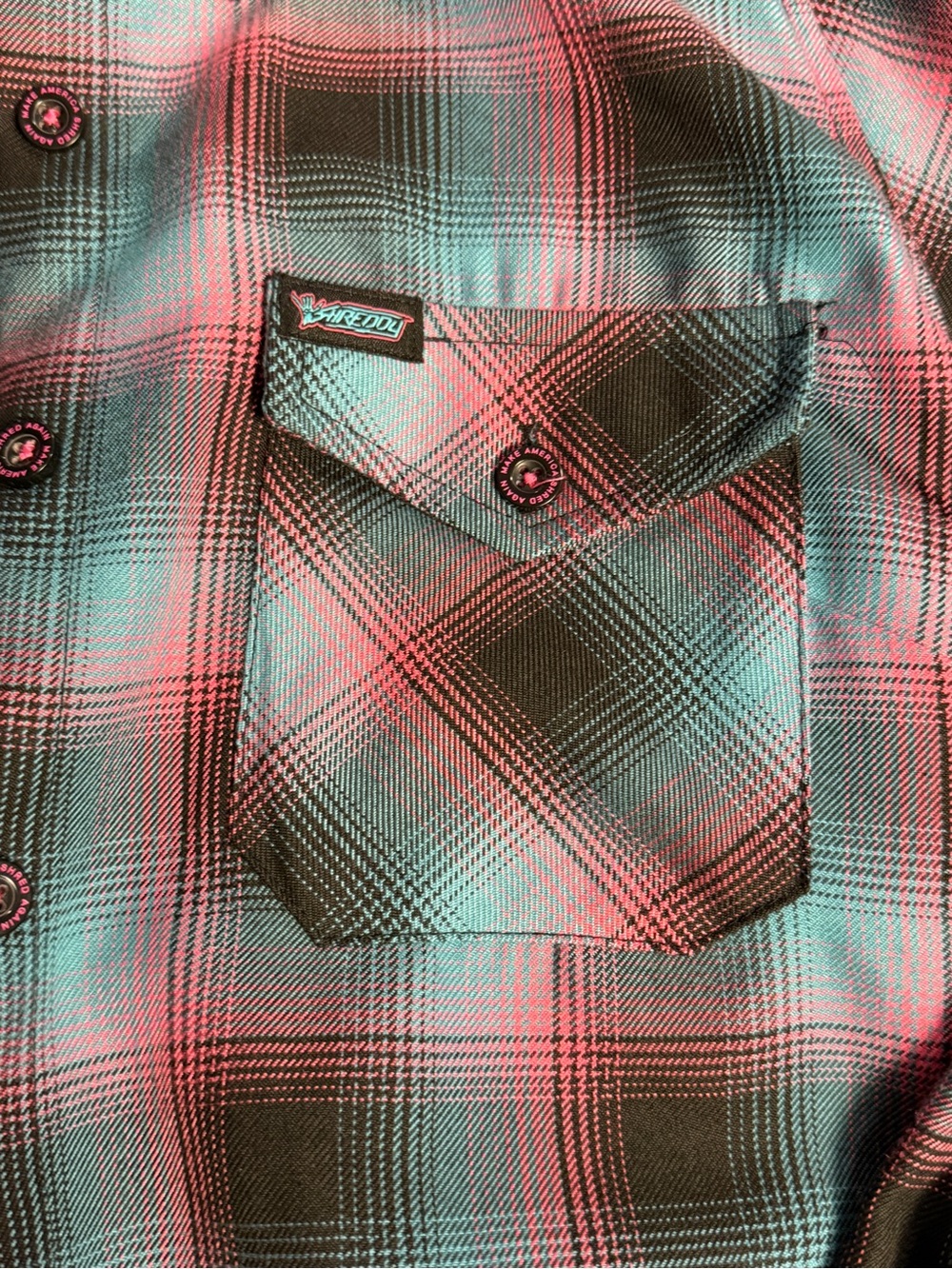Dixxon Women’s Shreddy Plaid Flannel Shirt - Teal & Red - Picture 4 of 8
